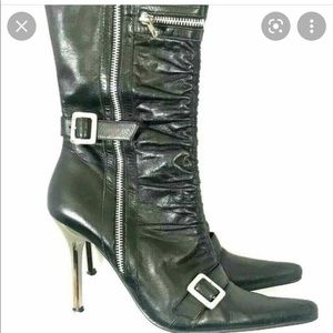 Steve Madden Bad Boy Black. Zipper&Buckle Leather Boots Size 8. Silver Heels.